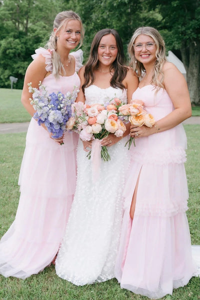 Ruffle Straps Tulle A-Line High Waist Split Bridesmaid Dress