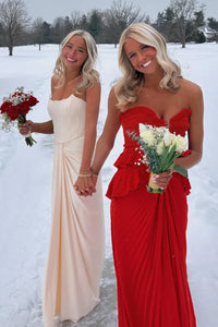 Ruffle Sweetheart Strapless Satin Fitted Pleated Party Prom Dress
