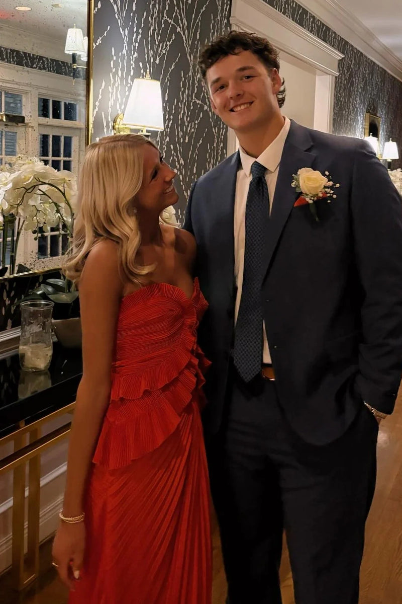 Ruffle Sweetheart Strapless Satin Fitted Pleated Party Prom Dress