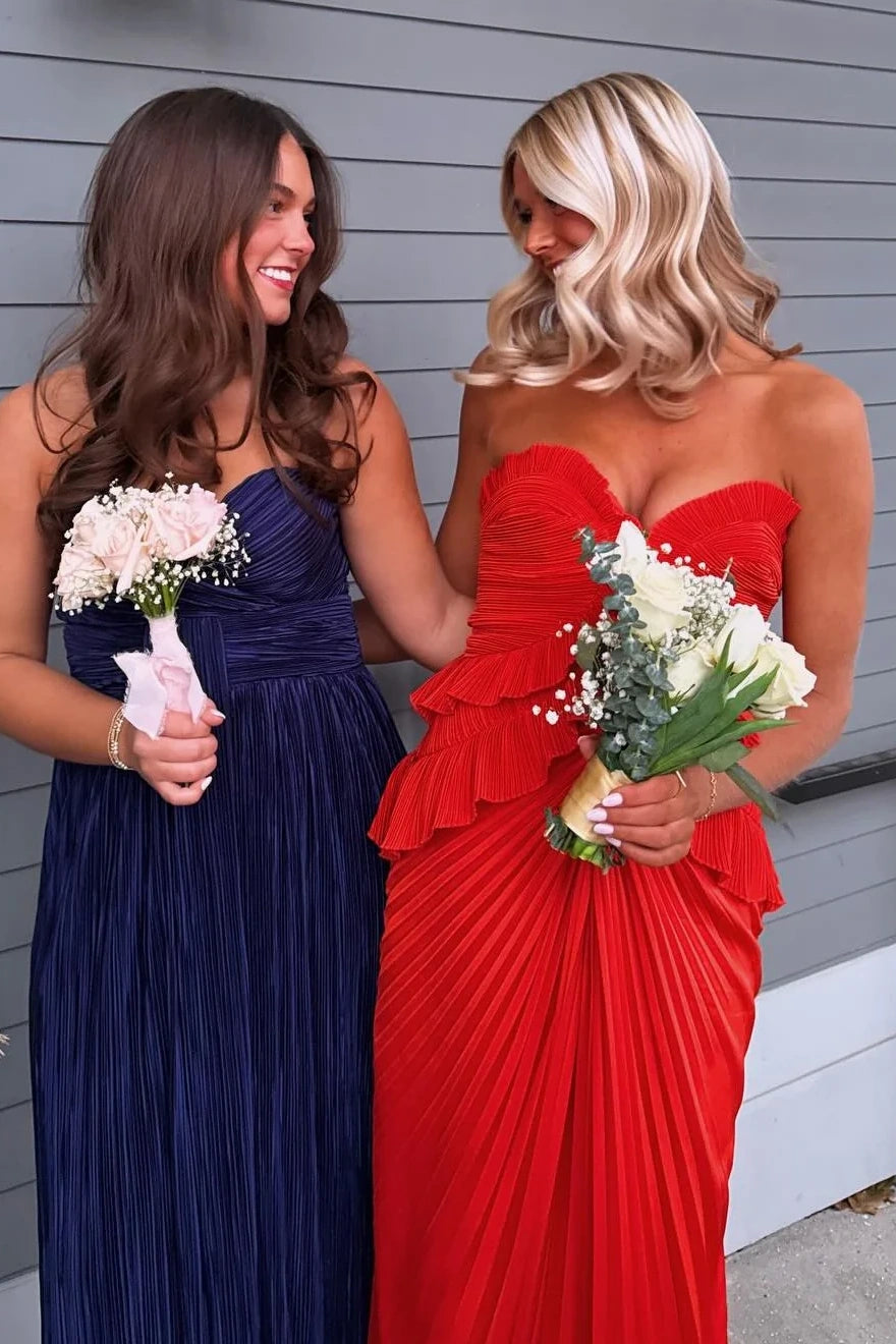 Ruffle Sweetheart Strapless Satin Fitted Pleated Party Prom Dress