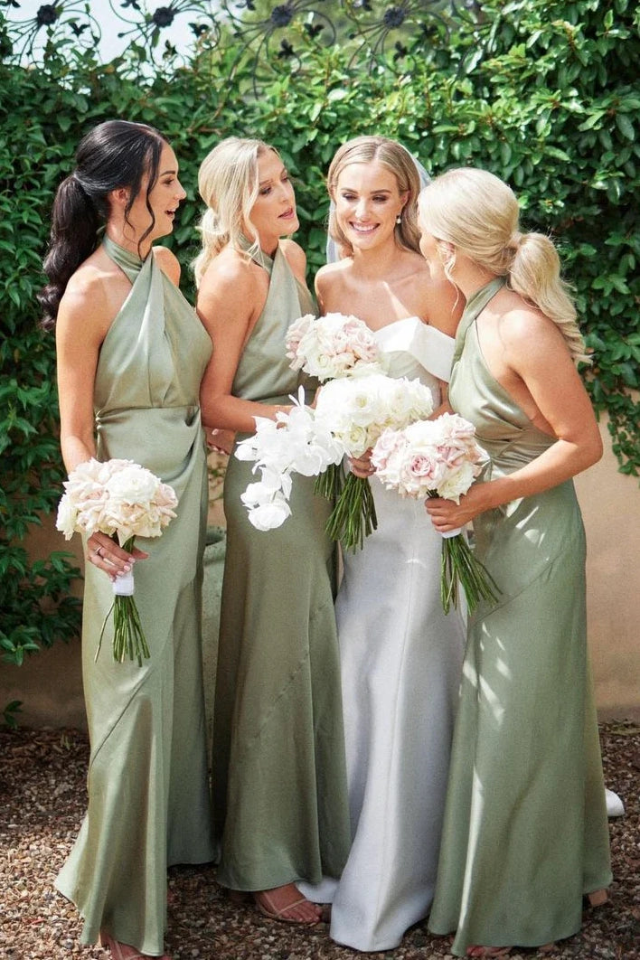 Sage Green Halter Backless Satin Empire Long Bridesmaid Dress