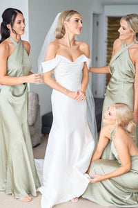 Sage Green Halter Backless Satin Empire Long Bridesmaid Dress