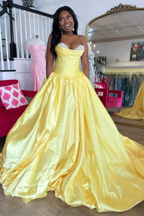 Satin A-Line Beaded Sweetheart Empire Party Prom Dress With Train