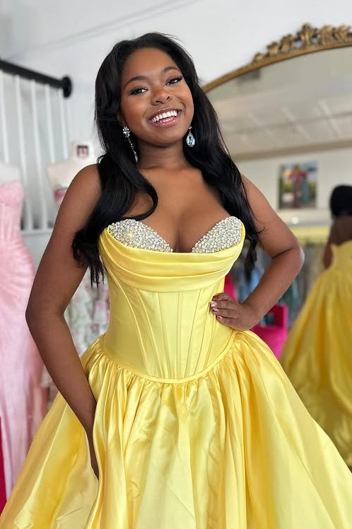 Satin A-Line Beaded Sweetheart Empire Party Prom Dress With Train