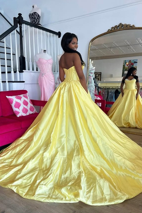 Satin A-Line Beaded Sweetheart Empire Party Prom Dress With Train