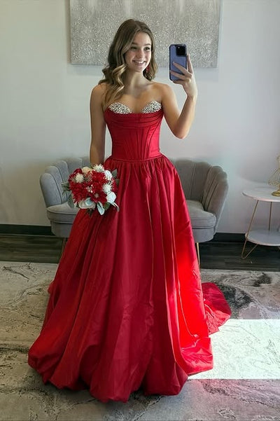 Satin A-Line Beaded Sweetheart Empire Party Prom Dress With Train