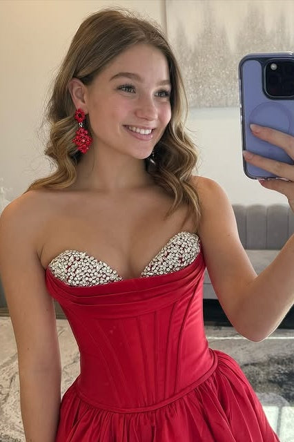 Satin A-Line Beaded Sweetheart Empire Party Prom Dress With Train