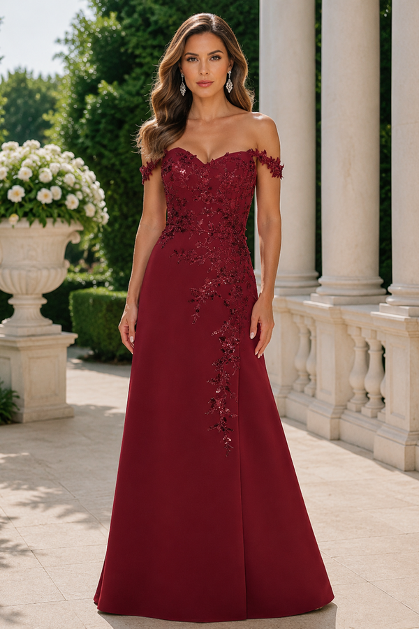 Satin A-Line Lace Appliques Off-Shoulder Mother Of The Bride Dress