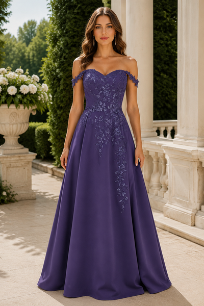 Satin A-Line Lace Appliques Off-Shoulder Mother Of The Bride Dress