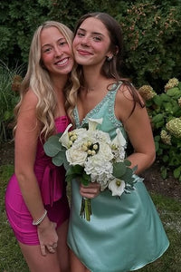 Satin A-Line Low V-Neck Backless Beaded Empire Homecoming Dress