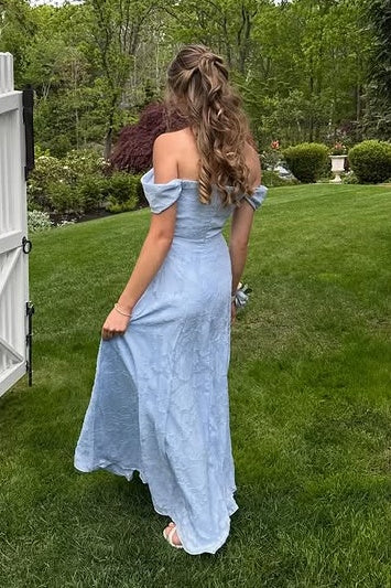 Satin A-Line Off-Shoulder Appliques Blue Long Party Prom Dress
