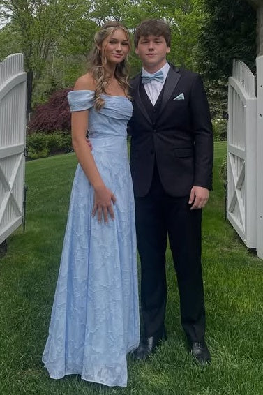 Satin A-Line Off-Shoulder Appliques Blue Long Party Prom Dress