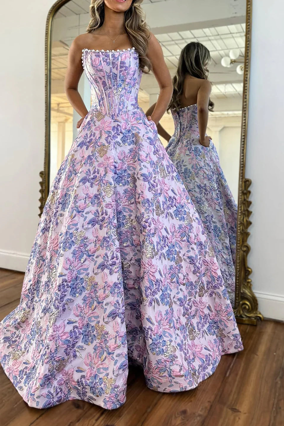 Satin A-Line Pearls Strapless Floral Party Prom Dress With Pockets