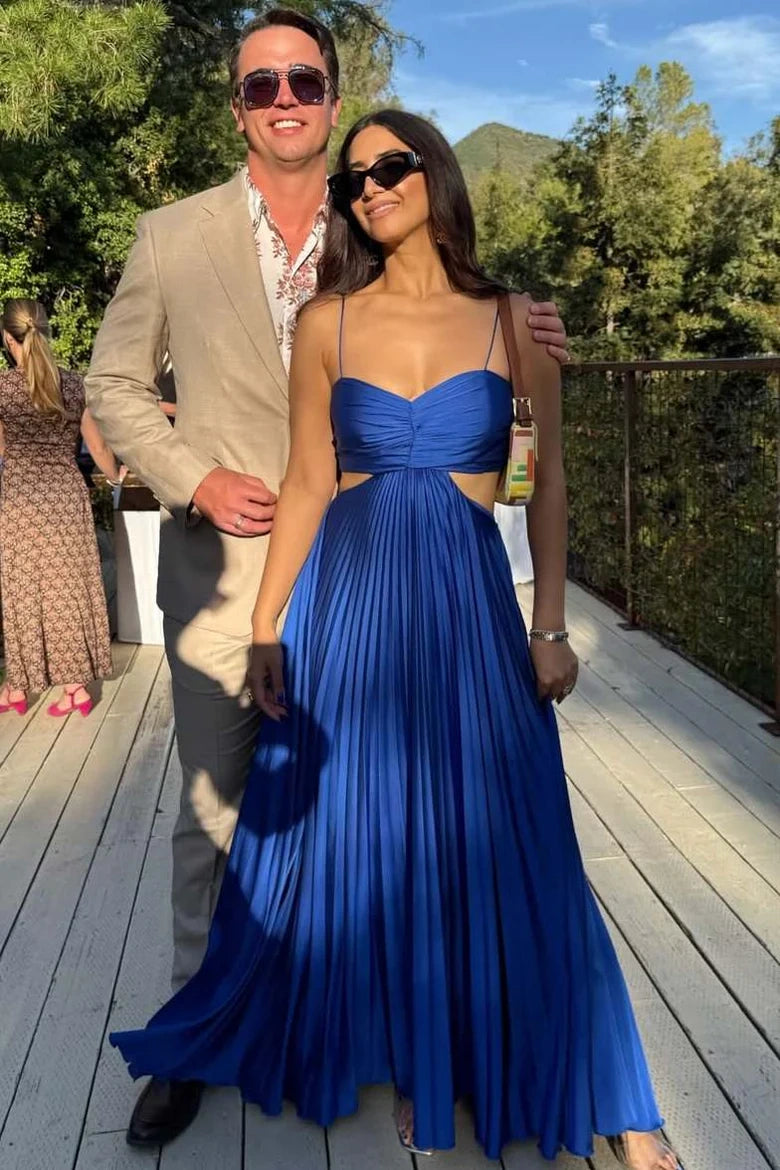 Satin A-Line Spaghetti Straps Pleated High Waist Party Prom Dress