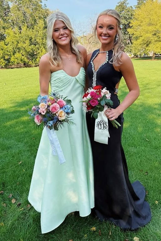 Satin A-Line Strapless Empire Floor-Length Party Prom Dress