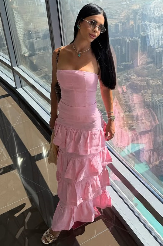 Satin A-Line Strapless Tiered Long Party Prom Dress 