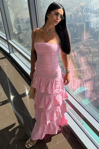 Satin A-Line Strapless Tiered Long Party Prom Dress 