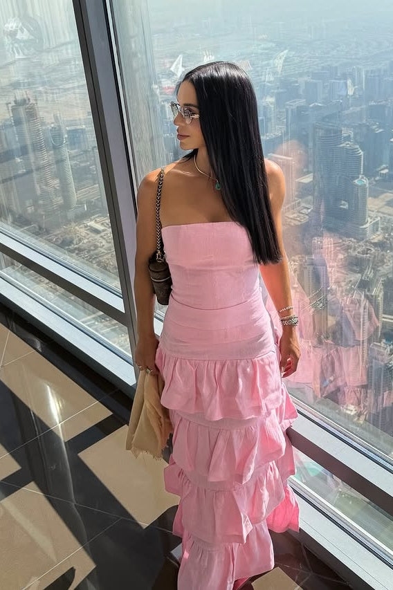Satin A-Line Strapless Tiered Long Party Prom Dress 