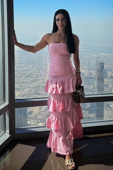 Satin A-Line Strapless Tiered Long Party Prom Dress 