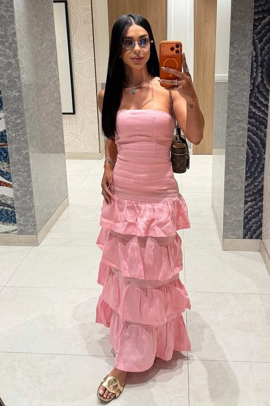 Satin A-Line Strapless Tiered Long Party Prom Dress 