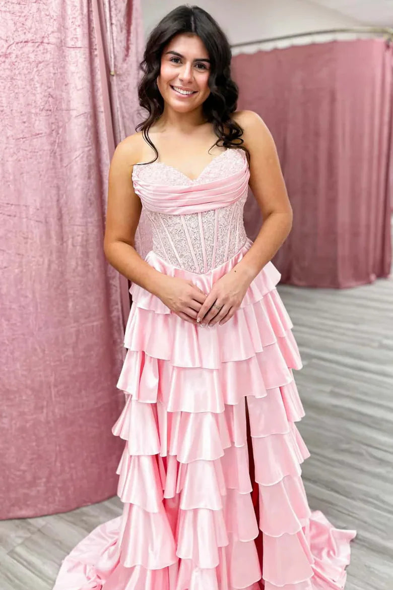 Elegant Navy Blue Strapless Applique Ruffle Prom Gown with Slit