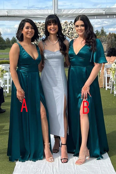 Satin A-Line V-Neck Different Sleeve Style Split Bridesmaid Dress 
