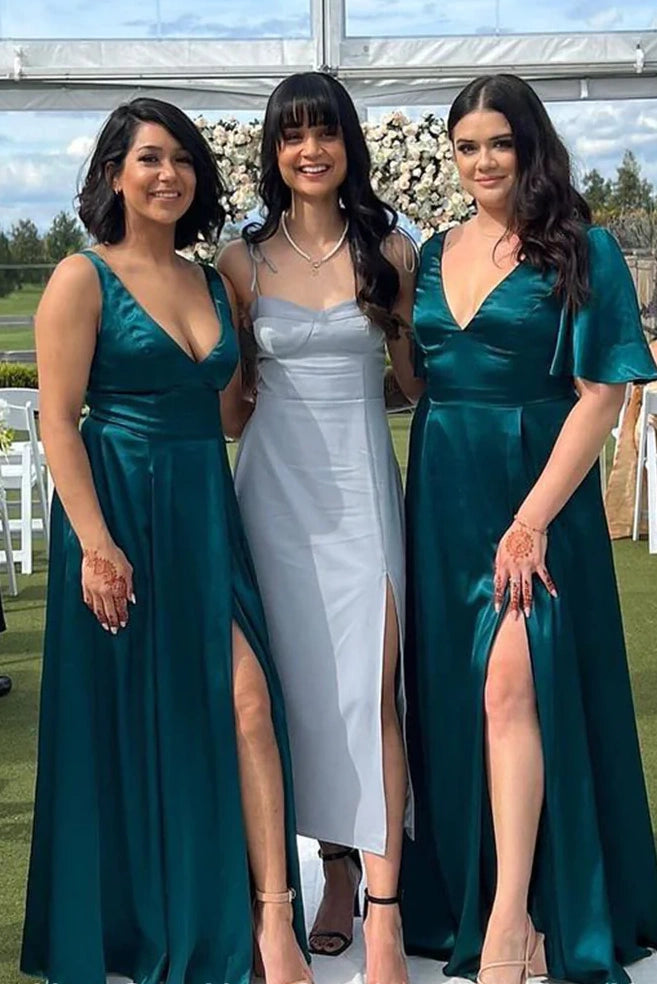 Satin A-Line V-Neck Different Sleeve Style Split Bridesmaid Dress 
