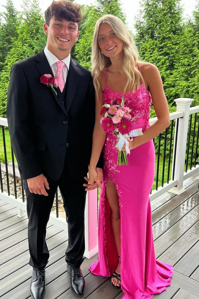 Satin And Lace Appliques Bateau Lace-Up Mermaid Party Prom Dress