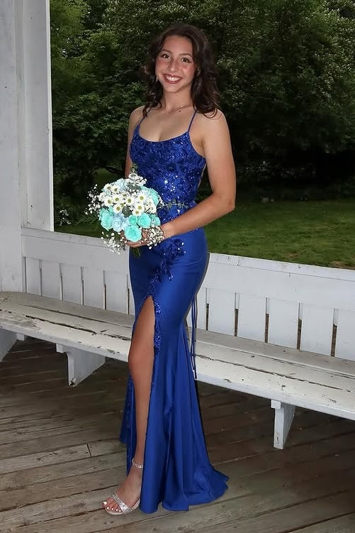 Satin And Lace Appliques Bateau Lace-Up Mermaid Party Prom Dress