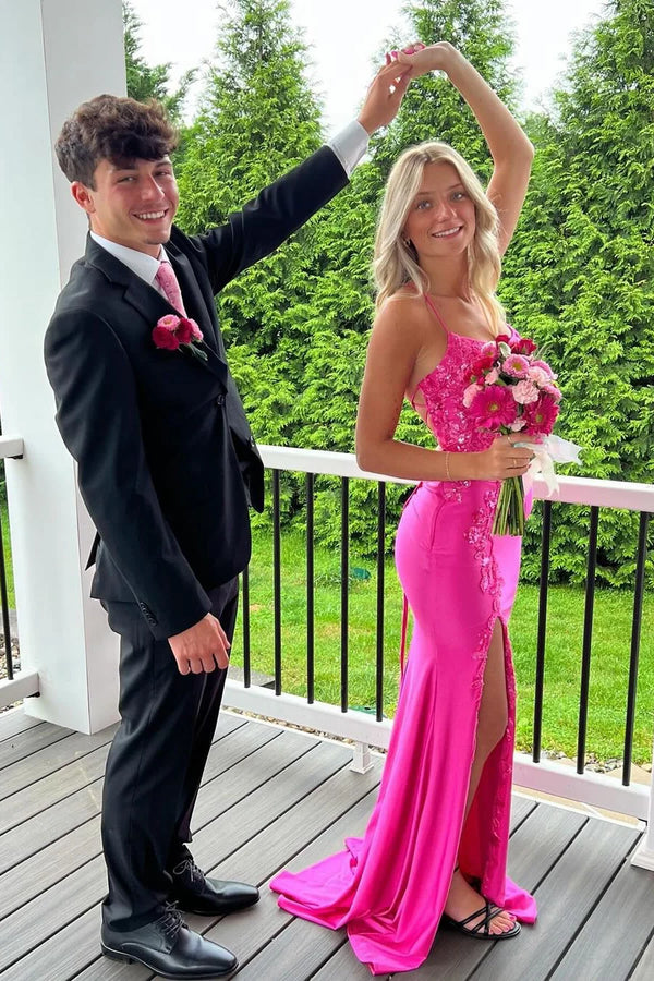 Satin And Lace Appliques Bateau Lace-Up Mermaid Party Prom Dress