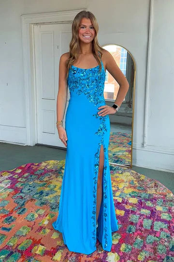 Satin And Lace Appliques Bateau Lace-Up Mermaid Party Prom Dress