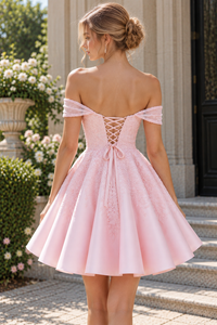 Satin And Lace Appliques Sweetheart Off-Shoulder Short Homecoming Dress