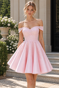 Satin And Lace Appliques Sweetheart Off-Shoulder Short Homecoming Dress