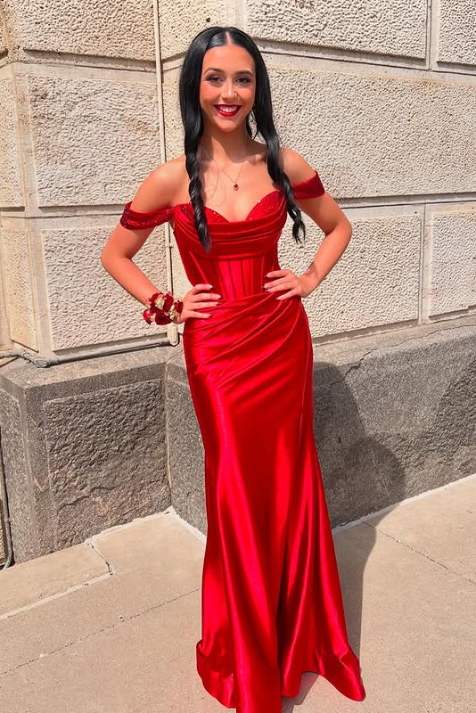 Satin Beaded Off-Shoulder Ruched Mermaid Party Prom Dress