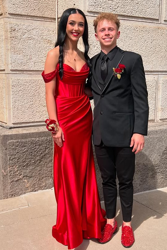 Satin Beaded Off-Shoulder Ruched Mermaid Party Prom Dress