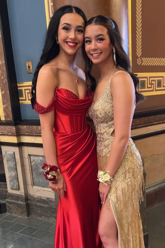 Satin Beaded Off-Shoulder Ruched Mermaid Party Prom Dress