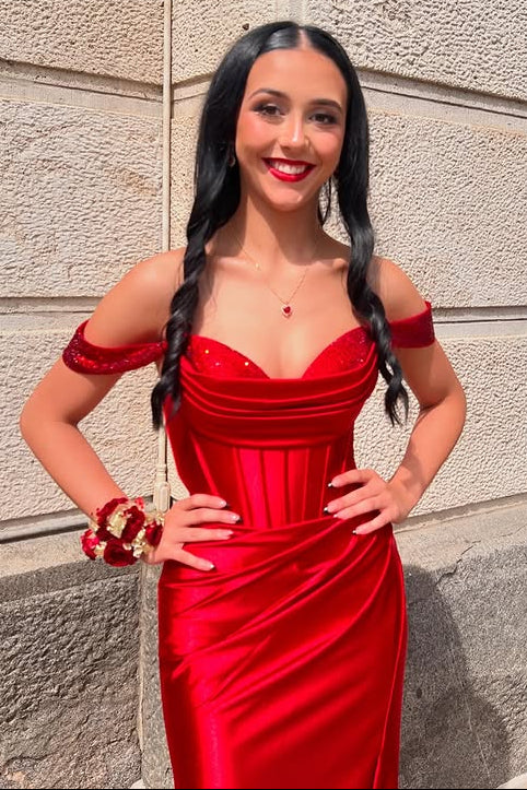 Satin Beaded Off-Shoulder Ruched Mermaid Party Prom Dress