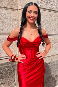 Satin Beaded Off-Shoulder Ruched Mermaid Party Prom Dress