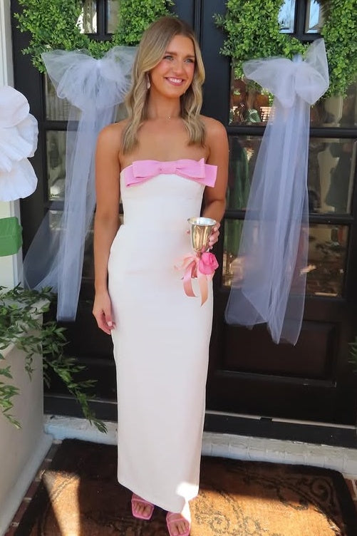 Satin Fitted Bow Strapless Empire Modest Party Prom Dress