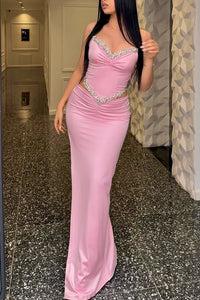 Satin Fitted Empire Sleeveless Party Prom Dress With Beaded