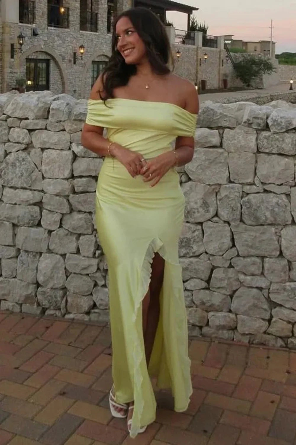 Satin Fitted Off-Shoulder Floor-Length Split Party Prom Dress