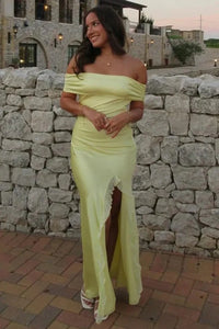 Satin Fitted Off-Shoulder Floor-Length Split Party Prom Dress