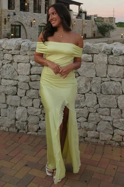 Satin Fitted Off-Shoulder Floor-Length Split Party Prom Dress