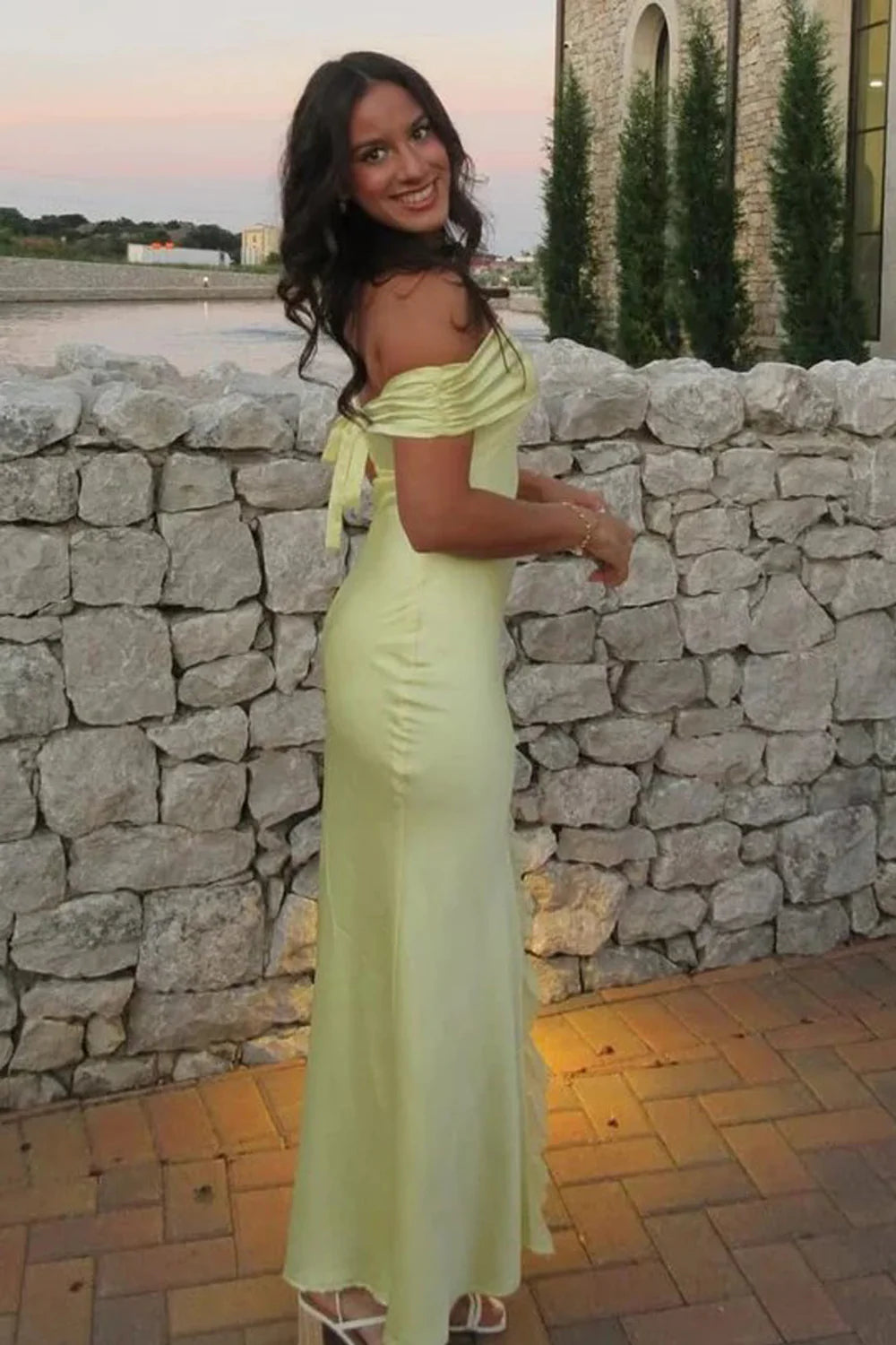 Satin Fitted Off-Shoulder Floor-Length Split Party Prom Dress