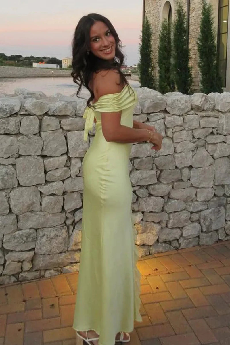 Satin Fitted Off-Shoulder Floor-Length Split Party Prom Dress