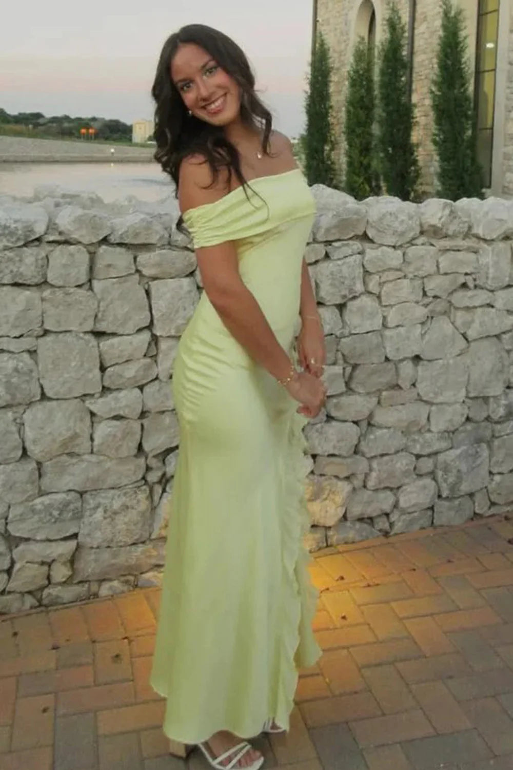 Satin Fitted Off-Shoulder Floor-Length Split Party Prom Dress