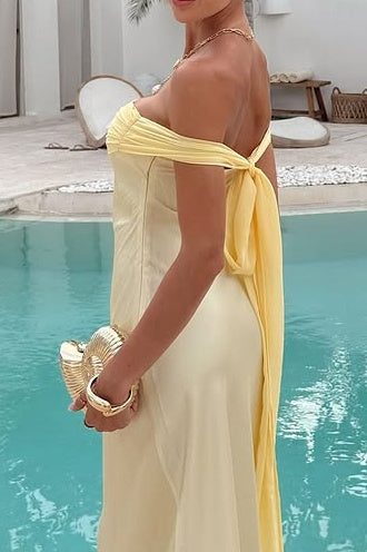 Satin Fitted Off-Shoulder High Waist Floor-Length Party Prom Dress