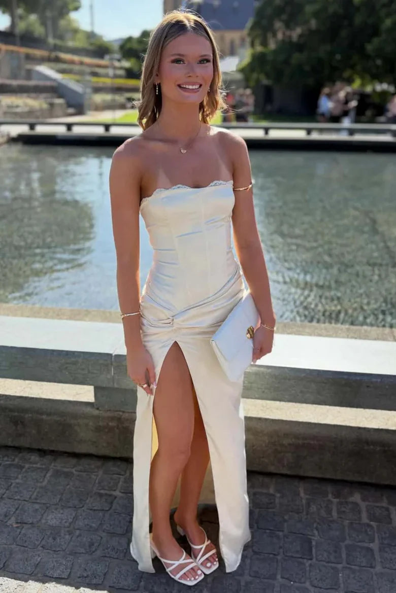 Satin Fitted Ruched Empire Sweetheart Strapless Party Prom Dress