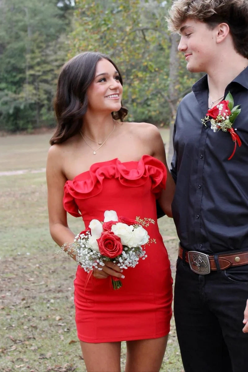 Satin Fitted Ruffle Strapless Mini Party Homecoming Dress