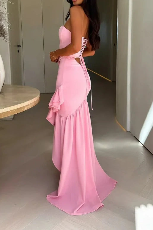 Satin Tube Top Ruffle Leg Slit Party Prom Dress